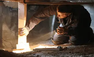 A professional inspecting wooden beams under the floor of a structure in Tulsa, OK